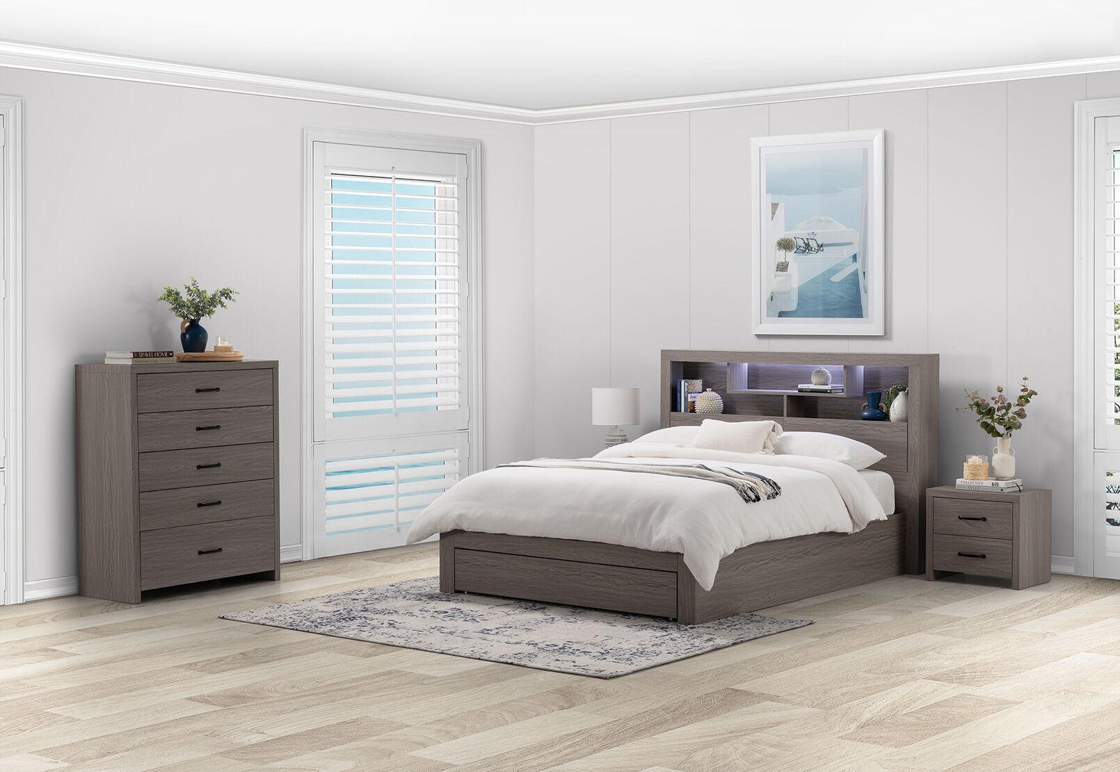 GEOVANA 4 PIECE QUEEN BED TALL CHEST SUITE. GREY