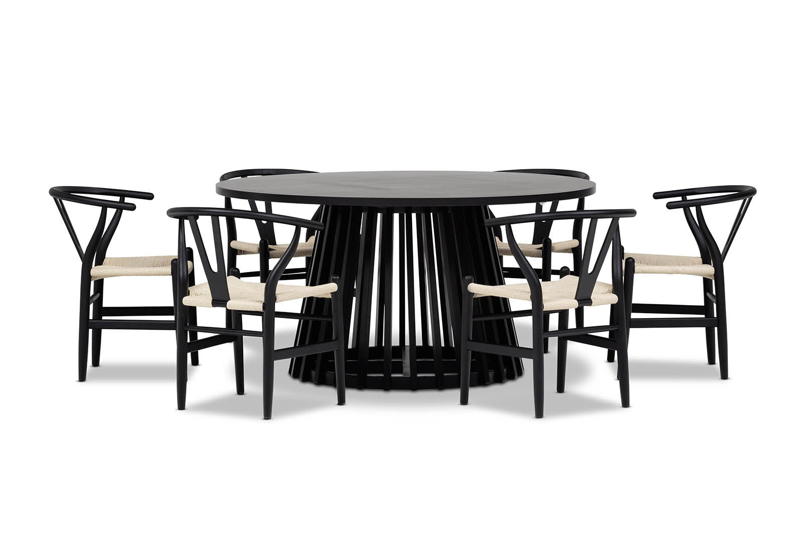 TORENTO 7 PIECE DINING SUITE WITH WISHBONE REPLICA MKII CHAIRS.  BLACK