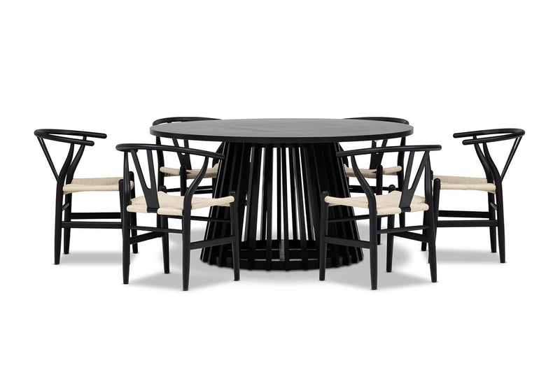 TORENTO 7 PIECE DINING SUITE WITH WISHBONE REPLICA MKII CHAIRS.  BLACK
