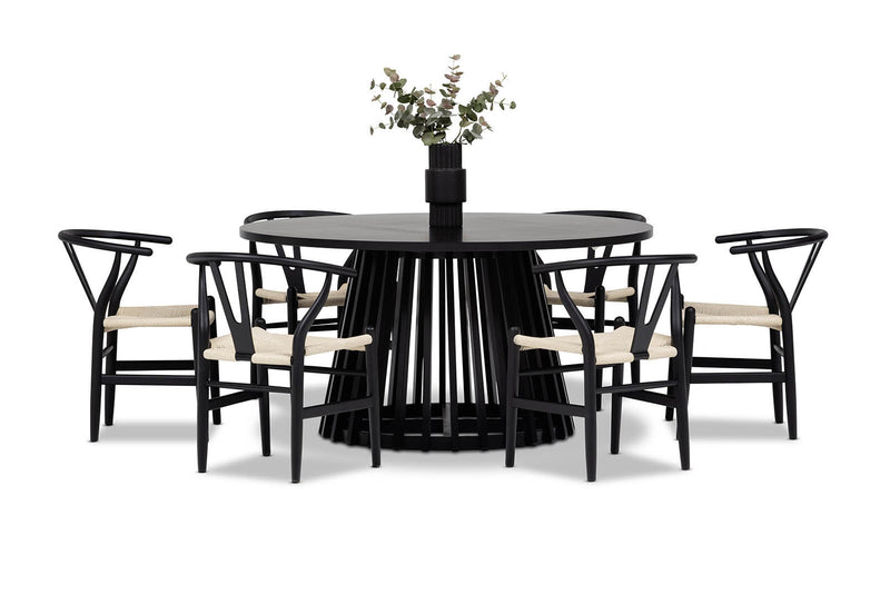 TORENTO 7 PIECE DINING SUITE WITH WISHBONE REPLICA MKII CHAIRS.  BLACK