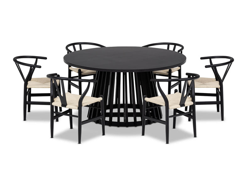 TORENTO 7 PIECE DINING SUITE WITH WISHBONE REPLICA MKII CHAIRS.  BLACK