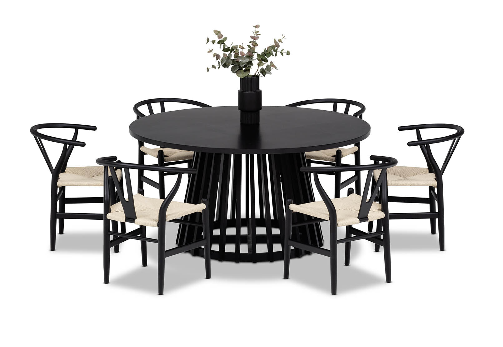 TORENTO 7 PIECE DINING SUITE WITH WISHBONE REPLICA MKII CHAIRS.  BLACK