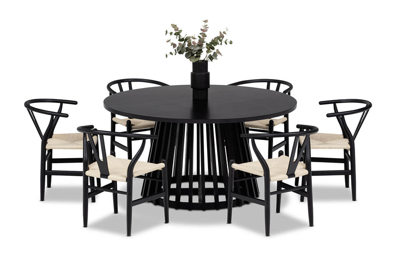 TORENTO 7 PIECE DINING SUITE WITH WISHBONE REPLICA MKII CHAIRS.  BLACK