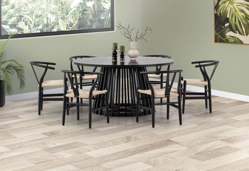 TORENTO 7 PIECE DINING SUITE WITH WISHBONE REPLICA MKII CHAIRS.  BLACK