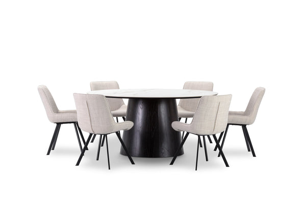 THANOS 7 PIECE CERAMIC DINING SUITE WITH VESTA CHAIRS  WHITE