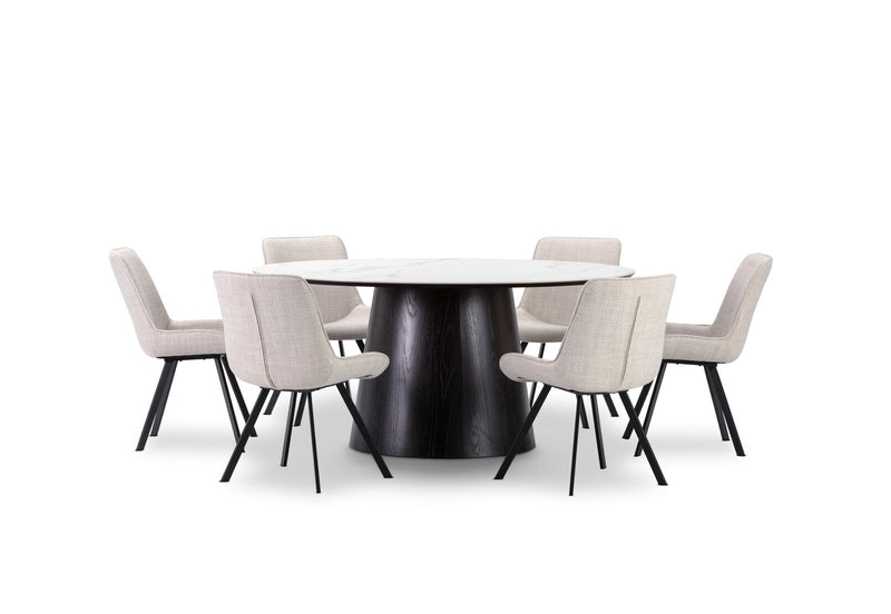 THANOS 7 PIECE CERAMIC DINING SUITE WITH VESTA CHAIRS  WHITE