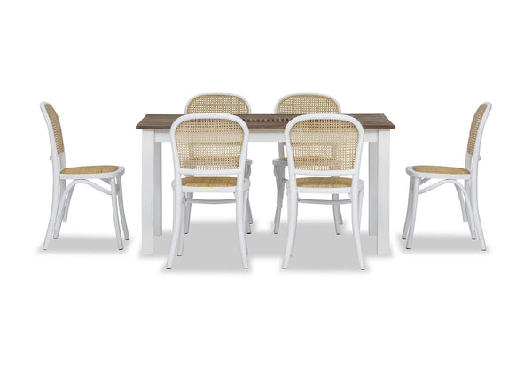 SANTO ANDRE 7 PIECE DINING SUITE WITH TOULOUSE DINING CHAIRS.  WHITE