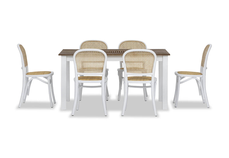 SANTO ANDRE 7 PIECE DINING SUITE WITH TOULOUSE DINING CHAIRS.  WHITE