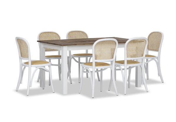 SANTO ANDRE 7 PIECE DINING SUITE WITH TOULOUSE DINING CHAIRS.  WHITE