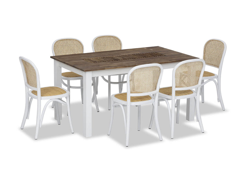 SANTO ANDRE 7 PIECE DINING SUITE WITH TOULOUSE DINING CHAIRS.  WHITE