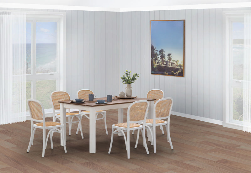 SANTO ANDRE 7 PIECE DINING SUITE WITH TOULOUSE DINING CHAIRS.  WHITE