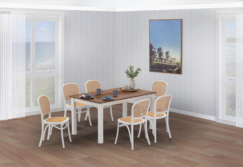 SANTO ANDRE 7 PIECE DINING SUITE WITH TOULOUSE DINING CHAIRS.  WHITE