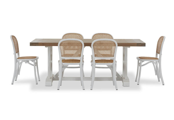 NORMANDY 7 PIECE DINING SUITE WITH TOULOUSE DINING CHAIRS.  WHITE