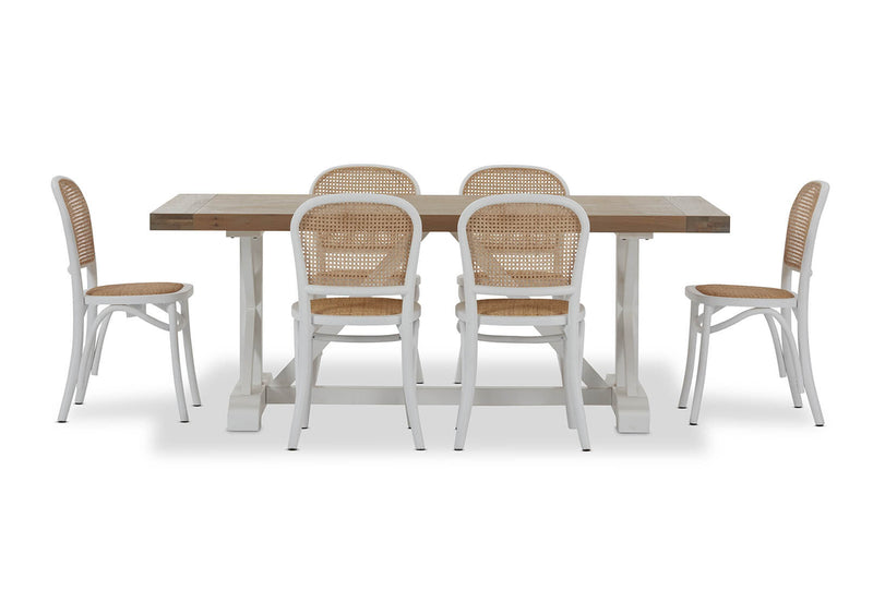 NORMANDY 7 PIECE DINING SUITE WITH TOULOUSE DINING CHAIRS.  WHITE