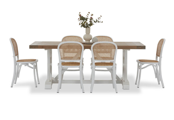 NORMANDY 7 PIECE DINING SUITE WITH TOULOUSE DINING CHAIRS.  WHITE