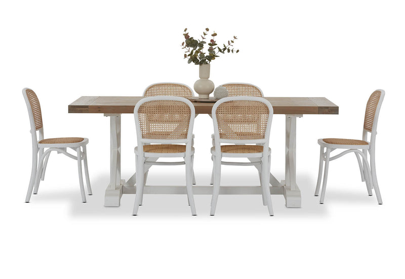 NORMANDY 7 PIECE DINING SUITE WITH TOULOUSE DINING CHAIRS.  WHITE
