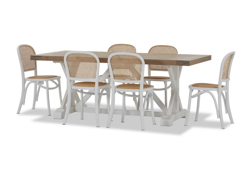 NORMANDY 7 PIECE DINING SUITE WITH TOULOUSE DINING CHAIRS.  WHITE