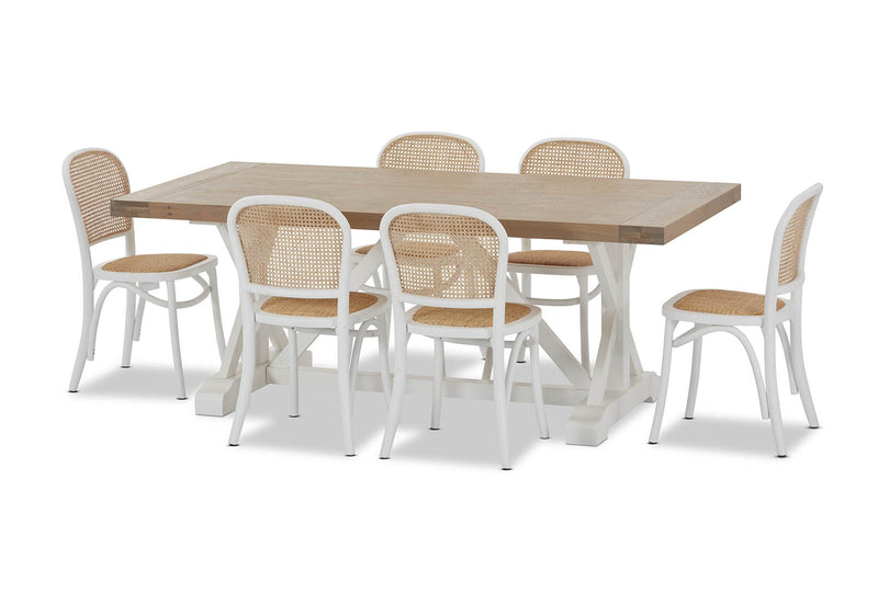 NORMANDY 7 PIECE DINING SUITE WITH TOULOUSE DINING CHAIRS.  WHITE