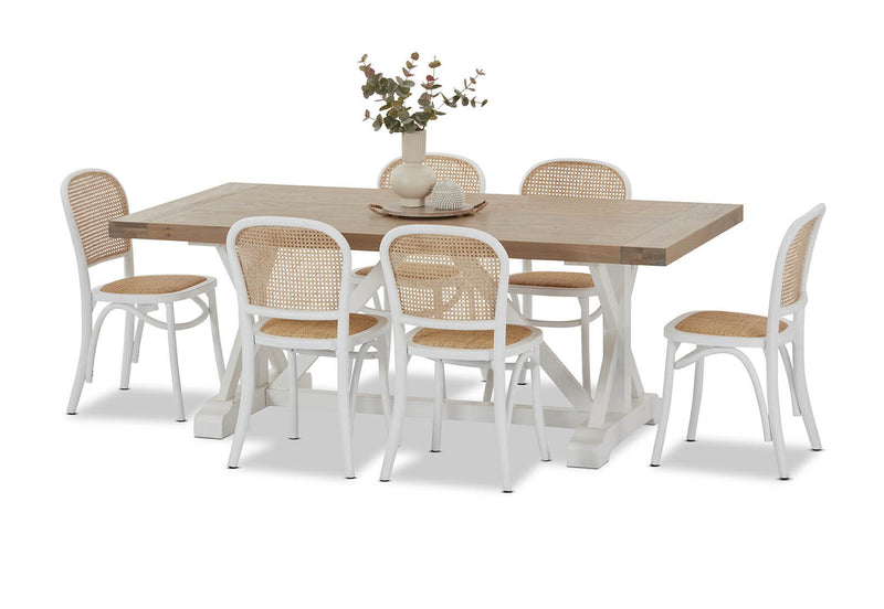 NORMANDY 7 PIECE DINING SUITE WITH TOULOUSE DINING CHAIRS.  WHITE