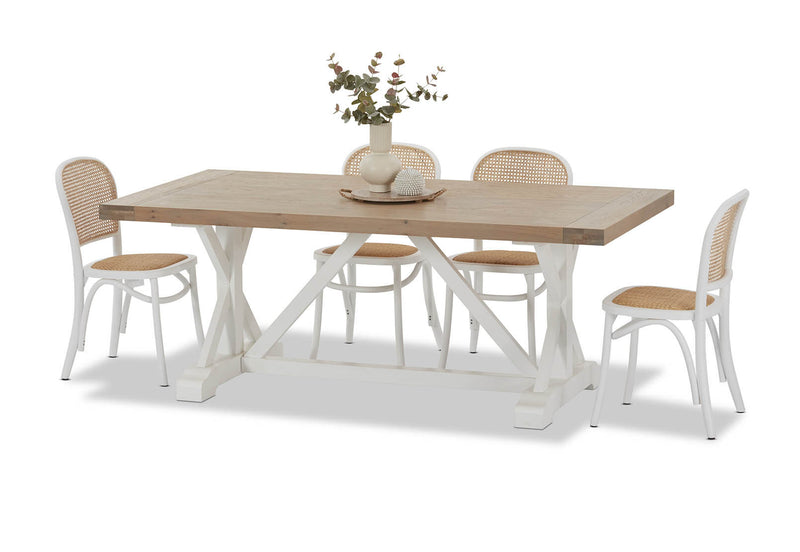 NORMANDY 7 PIECE DINING SUITE WITH TOULOUSE DINING CHAIRS.  WHITE