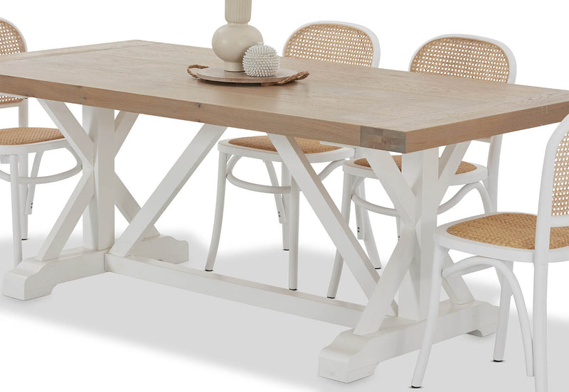 NORMANDY 7 PIECE DINING SUITE WITH TOULOUSE DINING CHAIRS.  WHITE