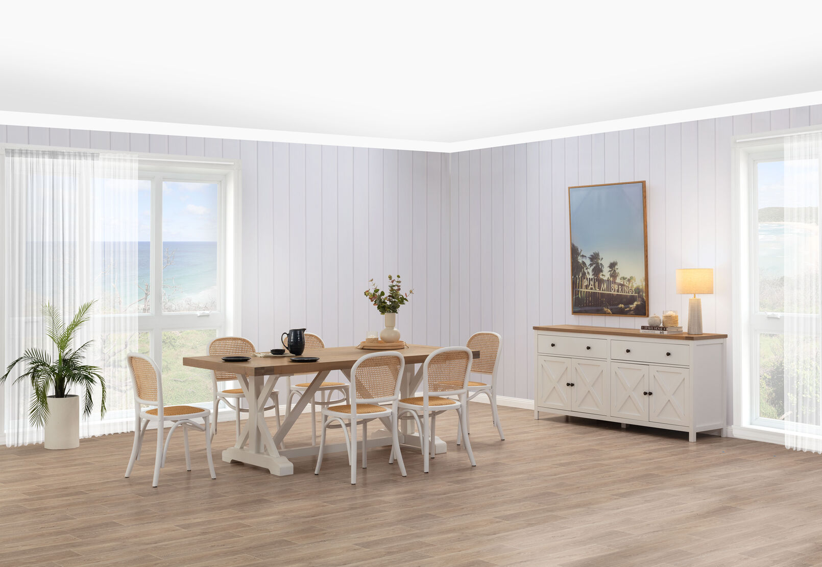 NORMANDY 7 PIECE DINING SUITE WITH TOULOUSE DINING CHAIRS.  WHITE
