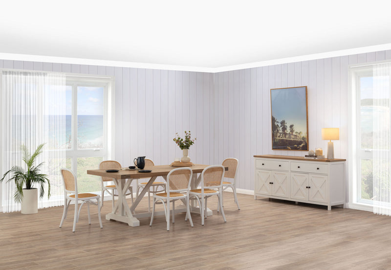 NORMANDY 7 PIECE DINING SUITE WITH TOULOUSE DINING CHAIRS.  WHITE