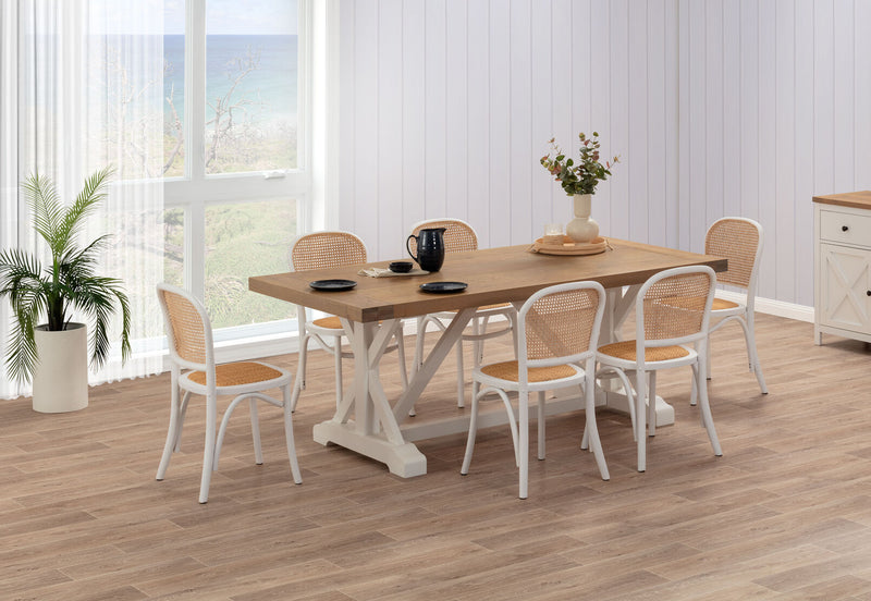 NORMANDY 7 PIECE DINING SUITE WITH TOULOUSE DINING CHAIRS.  WHITE