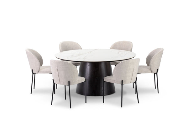 THANOS 7 PIECE CERAMIC TOP DINING SUITE WITH FIDEL CHAIRS  WHITE