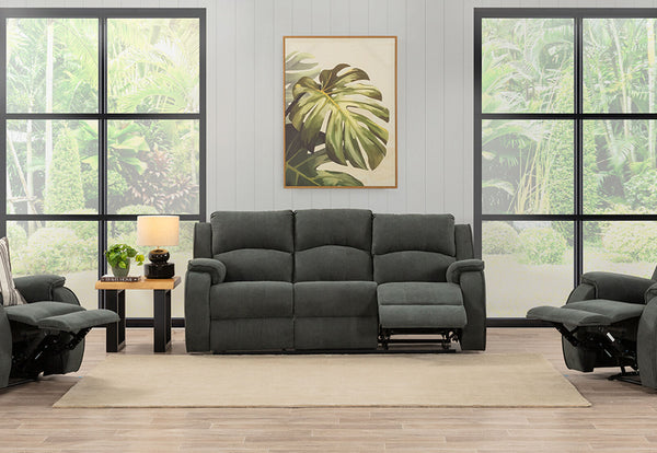 KAYDEN FABRIC 3 SEATER WITH RECLINERS DARK GREY