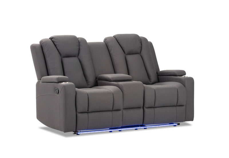 TRAVIS FABRIC 2 SEATER WITH RECLINERS AND CONSOLE STEEL