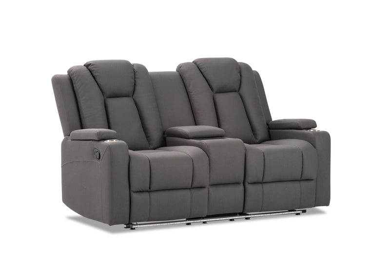 TRAVIS FABRIC 2 SEATER WITH RECLINERS AND CONSOLE STEEL