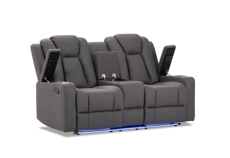 TRAVIS FABRIC 2 SEATER WITH RECLINERS AND CONSOLE STEEL
