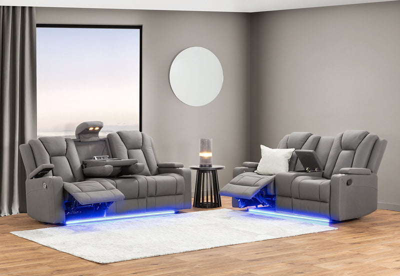 TRAVIS FABRIC 2 SEATER WITH RECLINERS AND CONSOLE STEEL