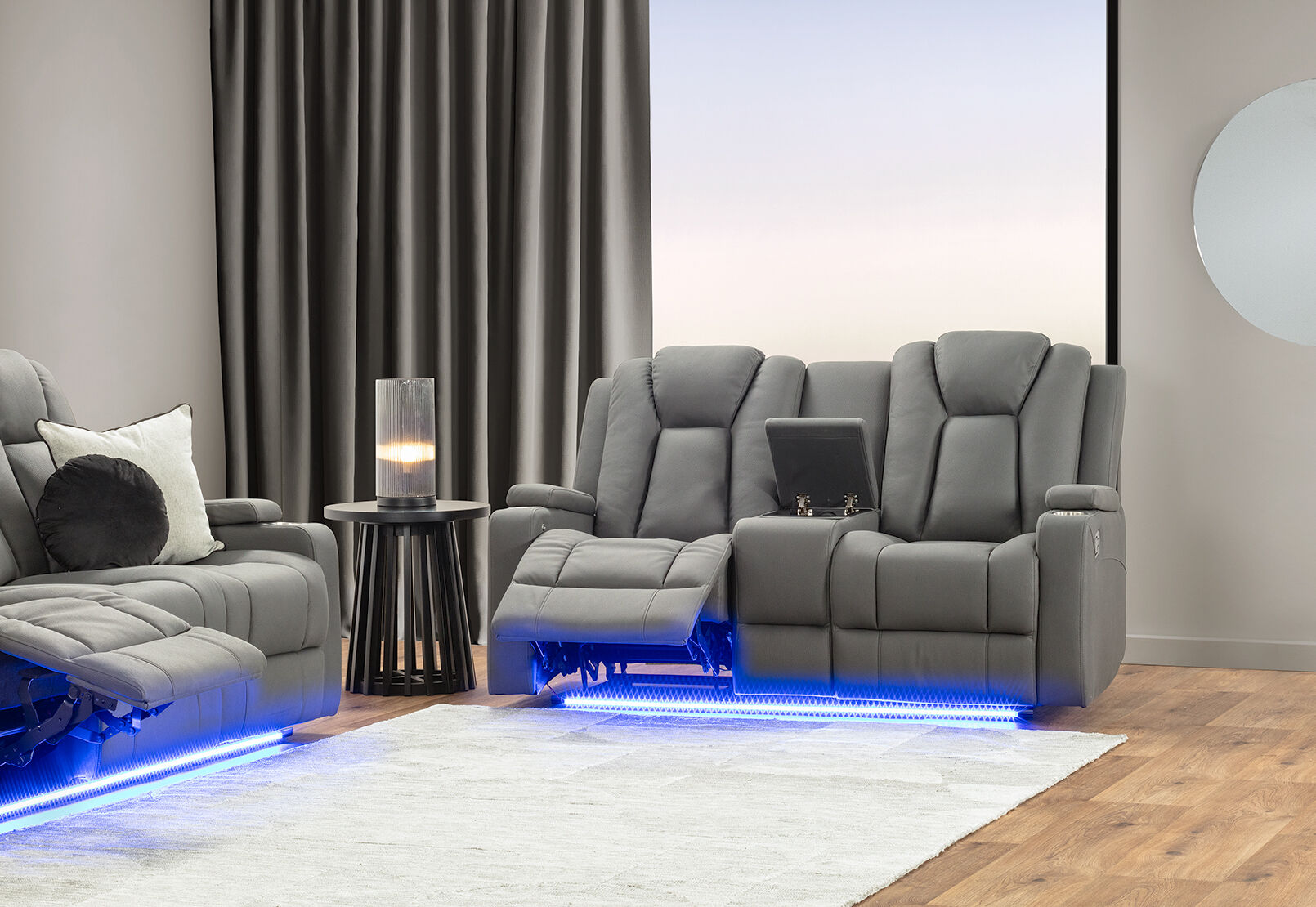 TRAVIS FABRIC 2 SEATER WITH RECLINERS AND CONSOLE STEEL