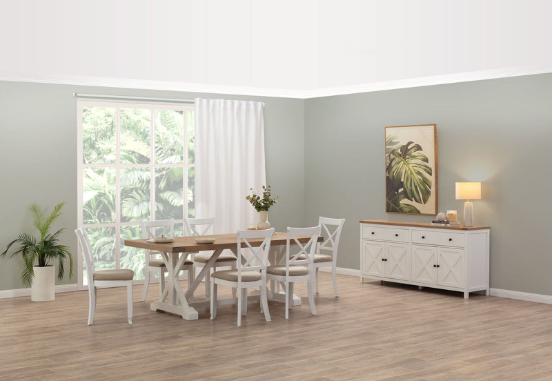 NORMANDY 7 PIECE DINING SUITE WITH MALU DINING CHAIRS  WHITE/OAK