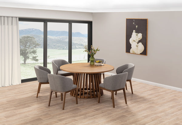 TORENTO 7 PIECE SUITE WITH WESTLEY DINING CHAIRS.  LIGHT GREY