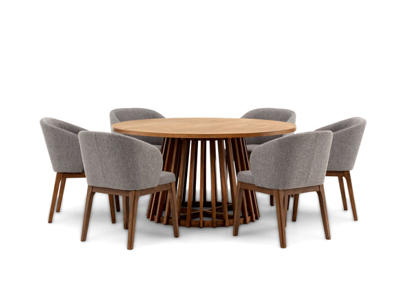 TORENTO 7 PIECE SUITE WITH WESTLEY DINING CHAIRS.  LIGHT GREY