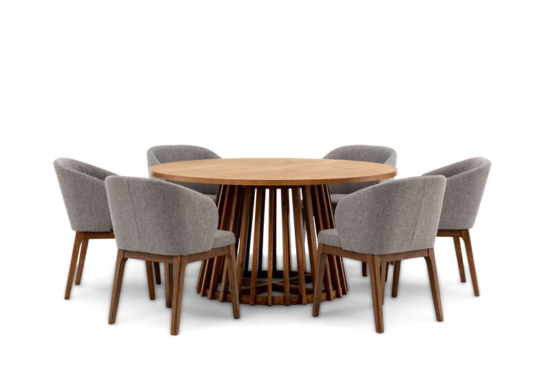 TORENTO 7 PIECE SUITE WITH WESTLEY DINING CHAIRS.  LIGHT GREY