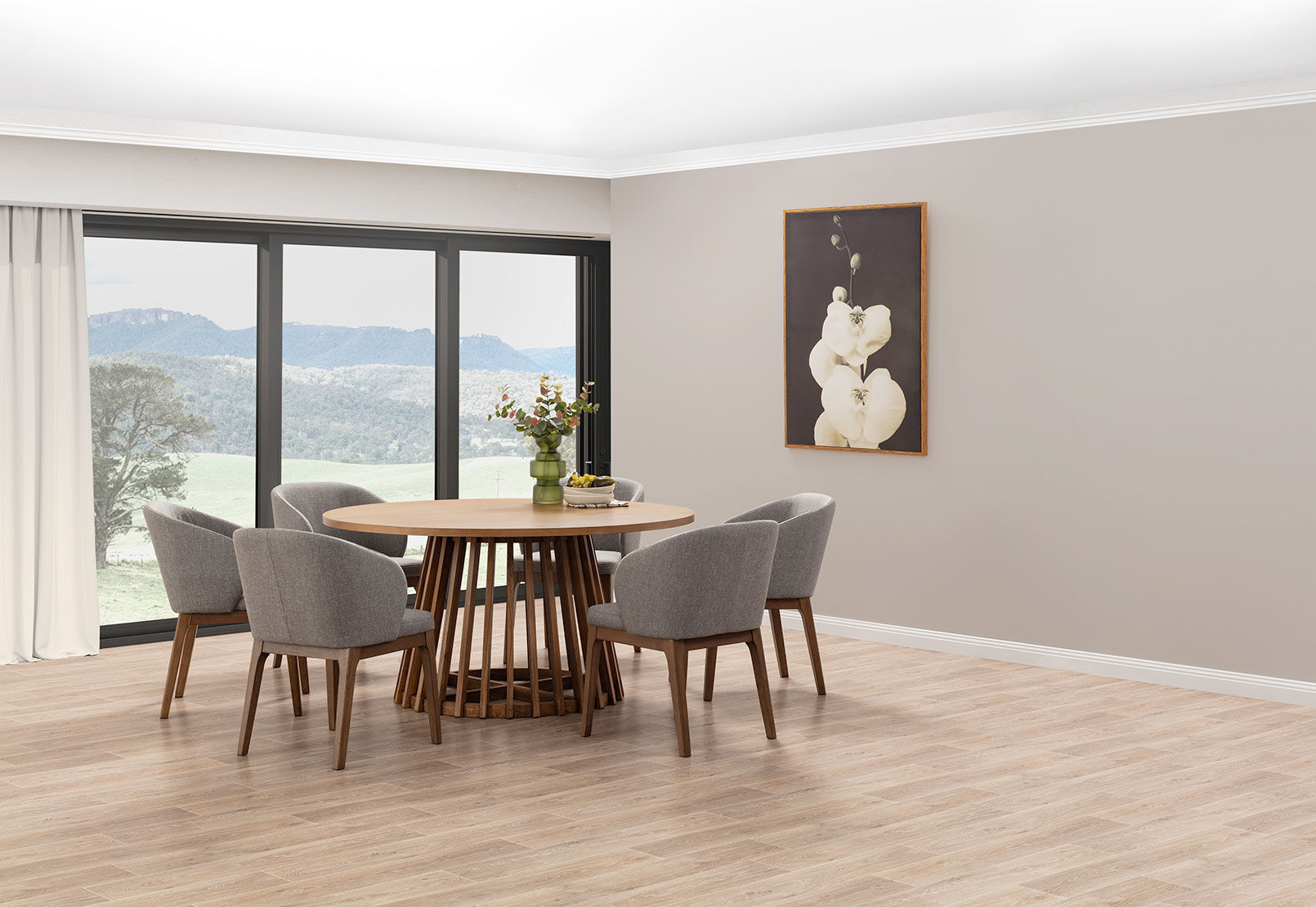 TORENTO 7 PIECE SUITE WITH WESTLEY DINING CHAIRS.  LIGHT GREY
