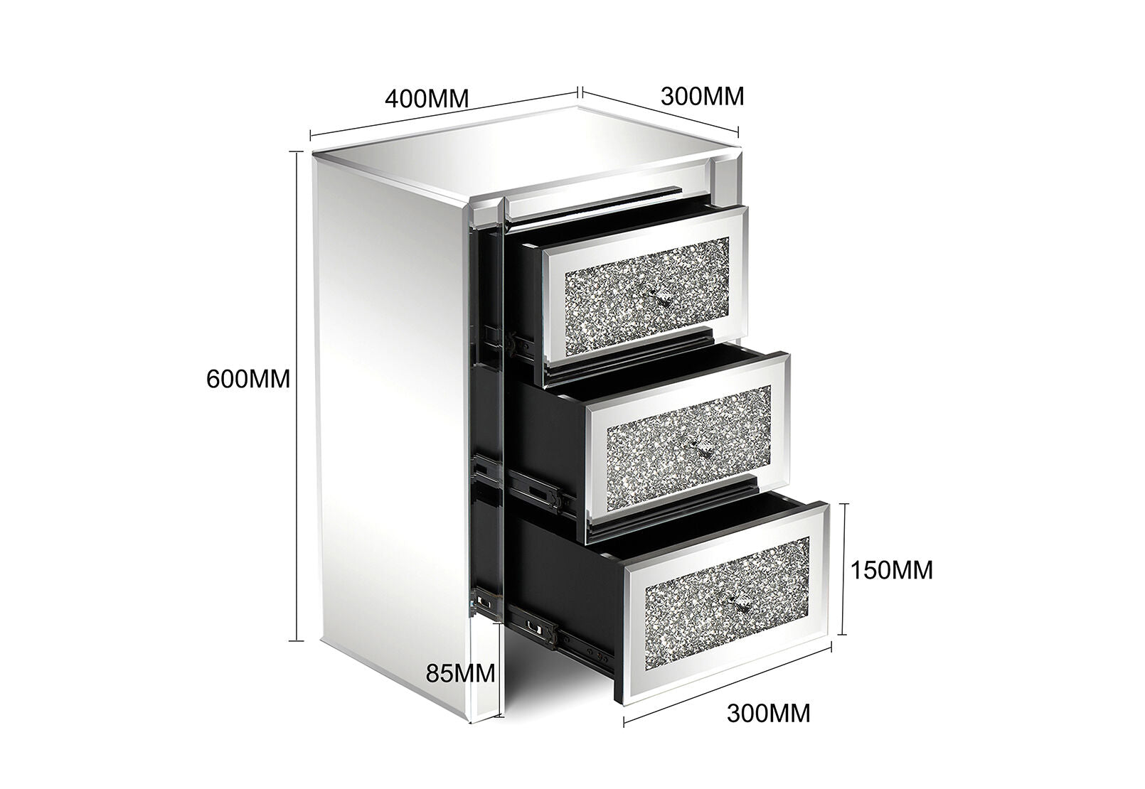 SAUNDERS 3 DRAWER BEDSIDE SILVER
