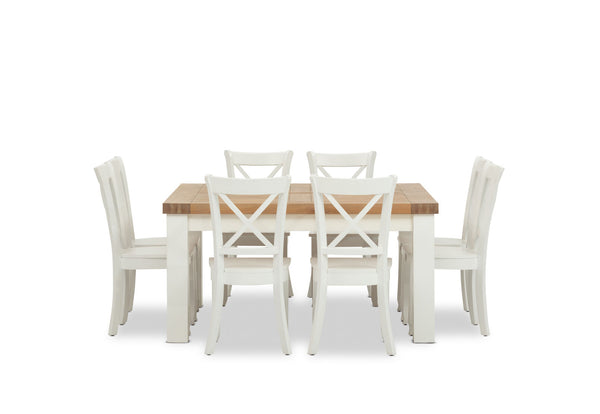 NORMANDY 9 PIECE DINING SUITE WITH CLOUDS DINING CHAIRS. WHITE/OAK