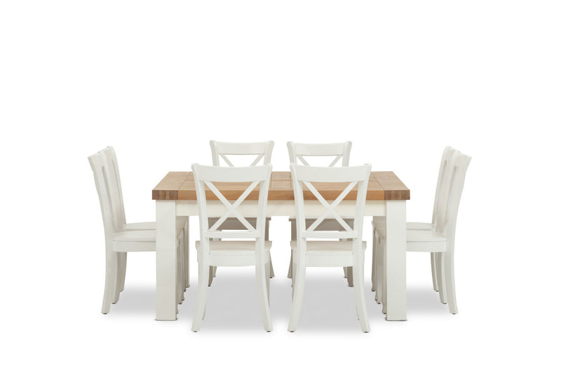 NORMANDY 9 PIECE DINING SUITE WITH CLOUDS DINING CHAIRS. WHITE/OAK
