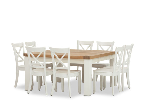 NORMANDY 9 PIECE DINING SUITE WITH CLOUDS DINING CHAIRS. WHITE/OAK