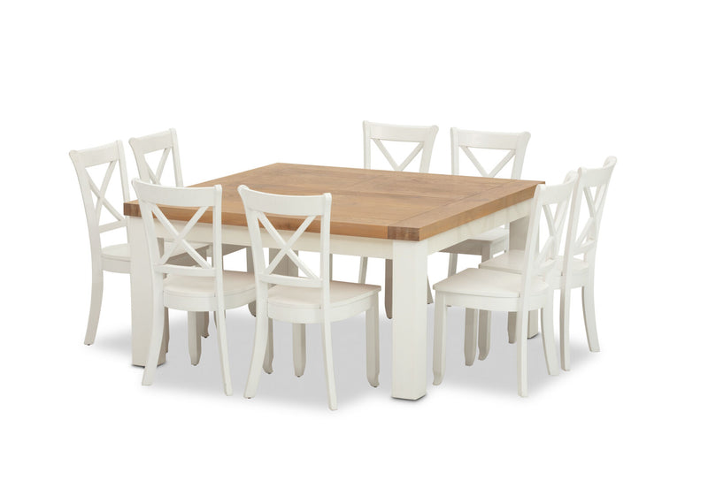 NORMANDY 9 PIECE DINING SUITE WITH CLOUDS DINING CHAIRS. WHITE/OAK