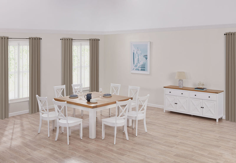 NORMANDY 9 PIECE DINING SUITE WITH CLOUDS DINING CHAIRS. WHITE/OAK