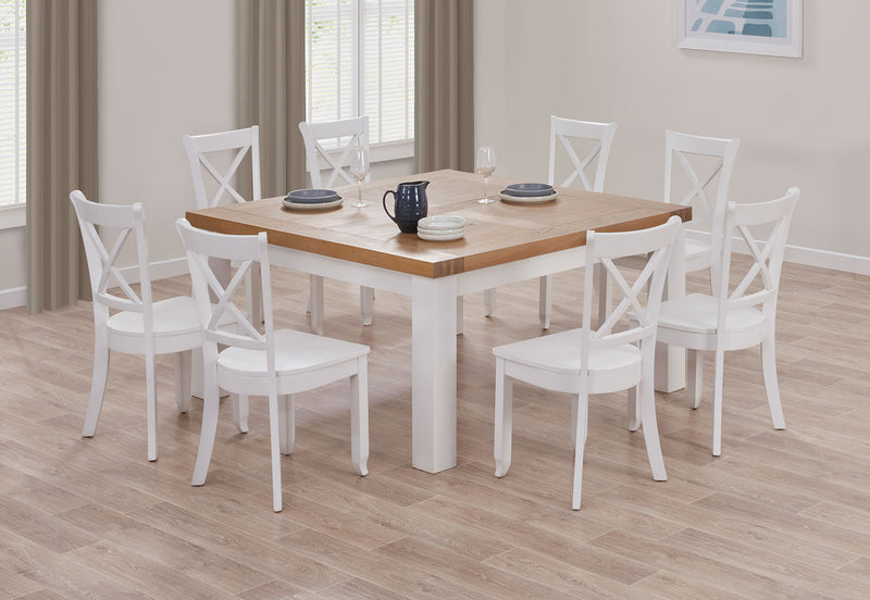 NORMANDY 9 PIECE DINING SUITE WITH CLOUDS DINING CHAIRS. WHITE/OAK