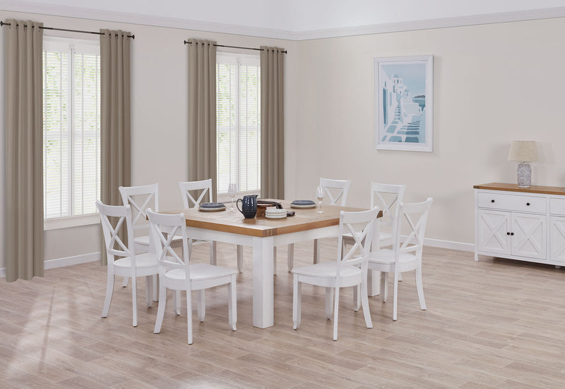 NORMANDY 9 PIECE DINING SUITE WITH CLOUDS DINING CHAIRS. WHITE/OAK