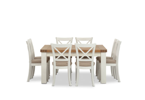 NORMANDY 9 PIECE DINING SUITE WITH MALU DINING CHAIRS. WHITE/OAK