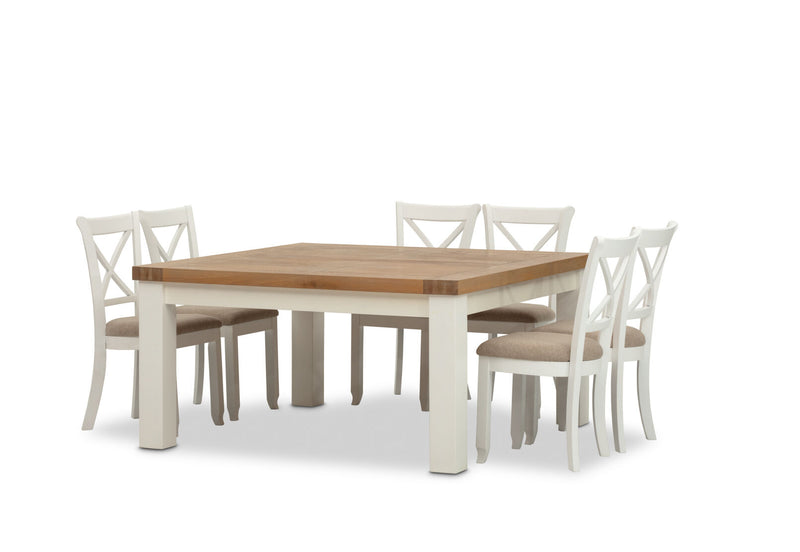 NORMANDY 9 PIECE DINING SUITE WITH MALU DINING CHAIRS. WHITE/OAK